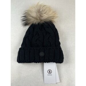 Bogner Kids' Mira Black Cable Knit Beanie Fur Pom Sz L NWT